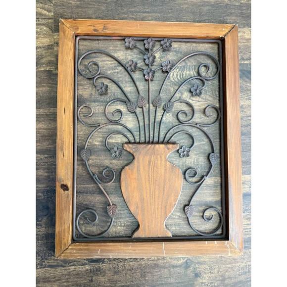 Wood & Metal Floral Wall Decor Rustic Vase Flower Accent Farmhouse Style - Picture 1 of 8